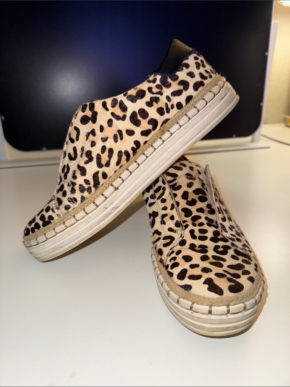 J Slides Leopard Print Slip-On Platform Clogs in Beige and Black